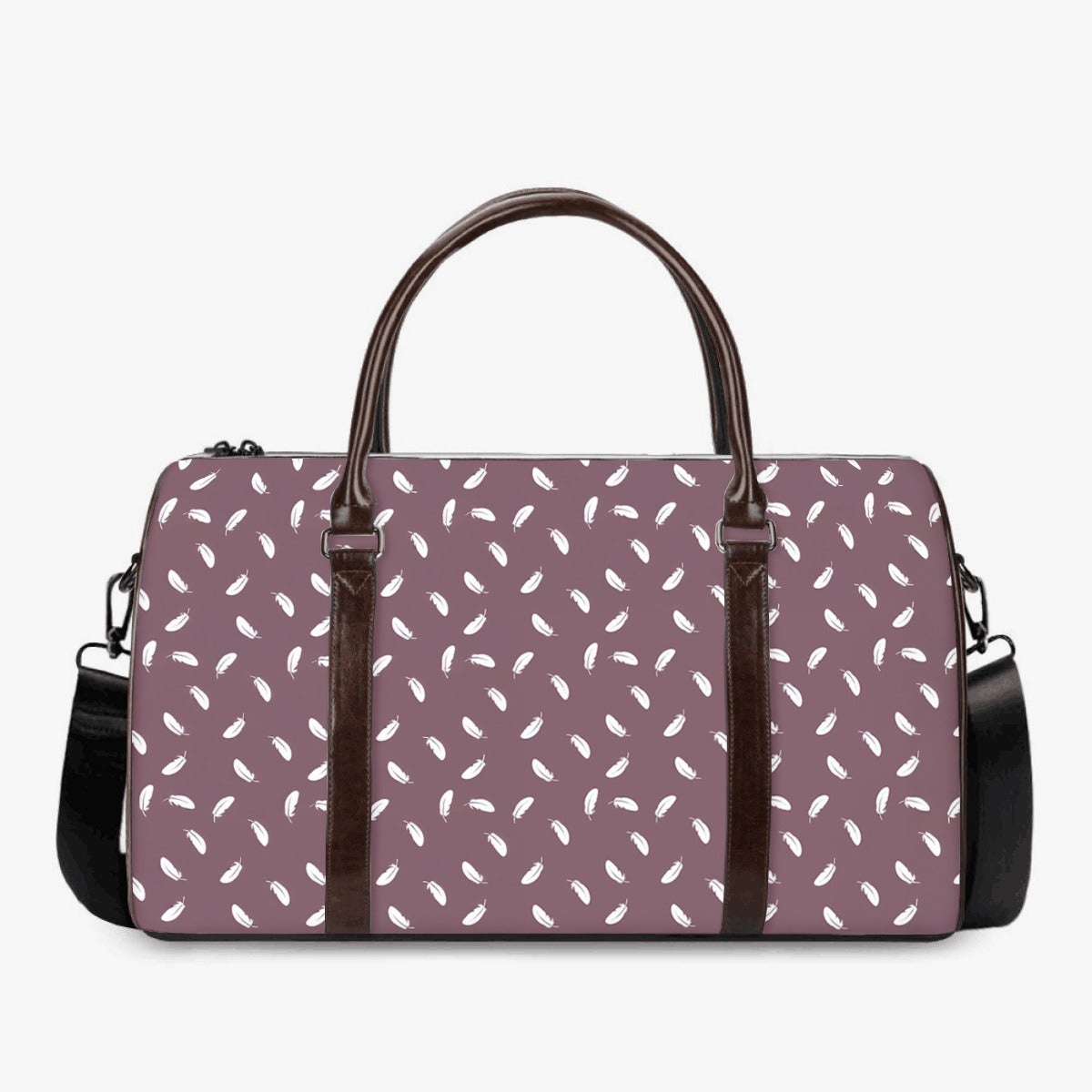 Purple duffel bag with white pattern and brown handles on a white background
