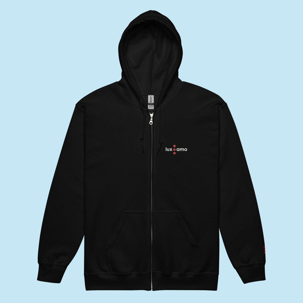 Black hoodie with a logo on the chest against a white background