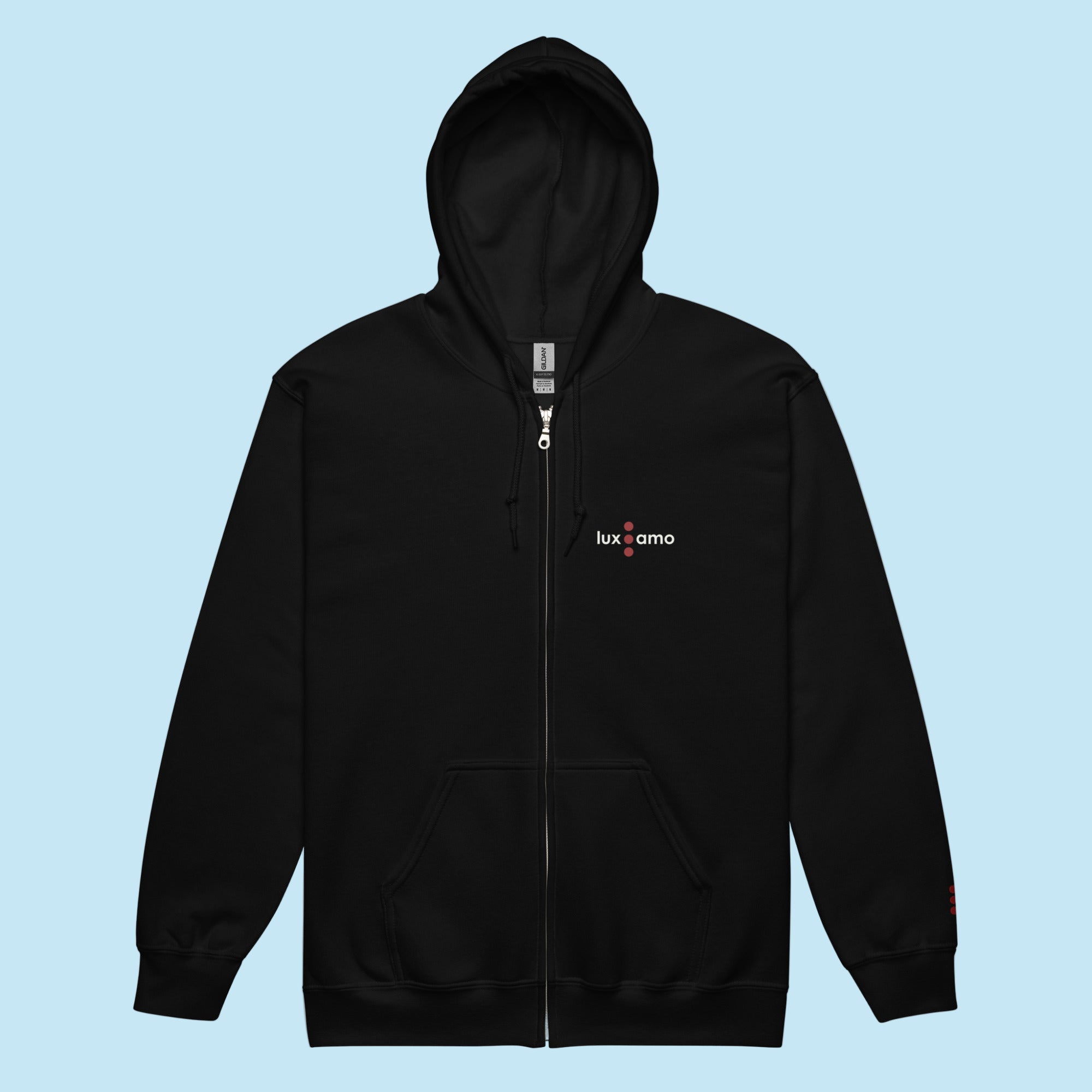 Black hoodie with a logo on the chest against a white background
