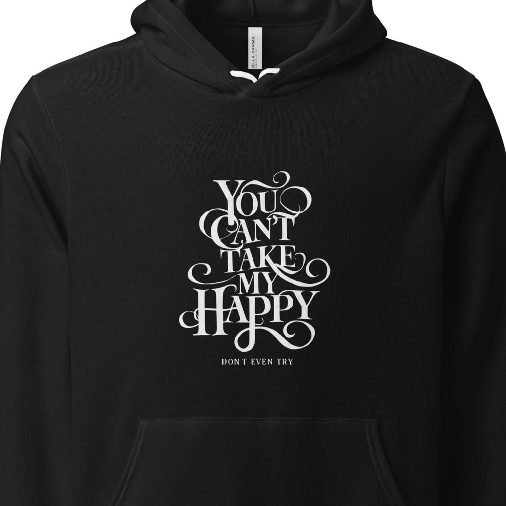 Black hoodie with white text design on a white background