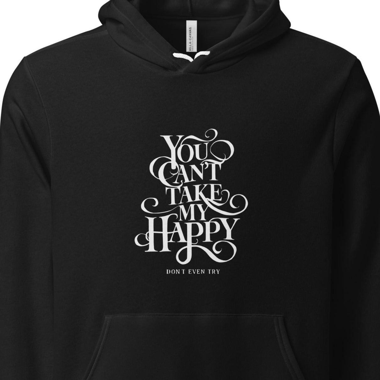 Black hoodie with white text design on a white background