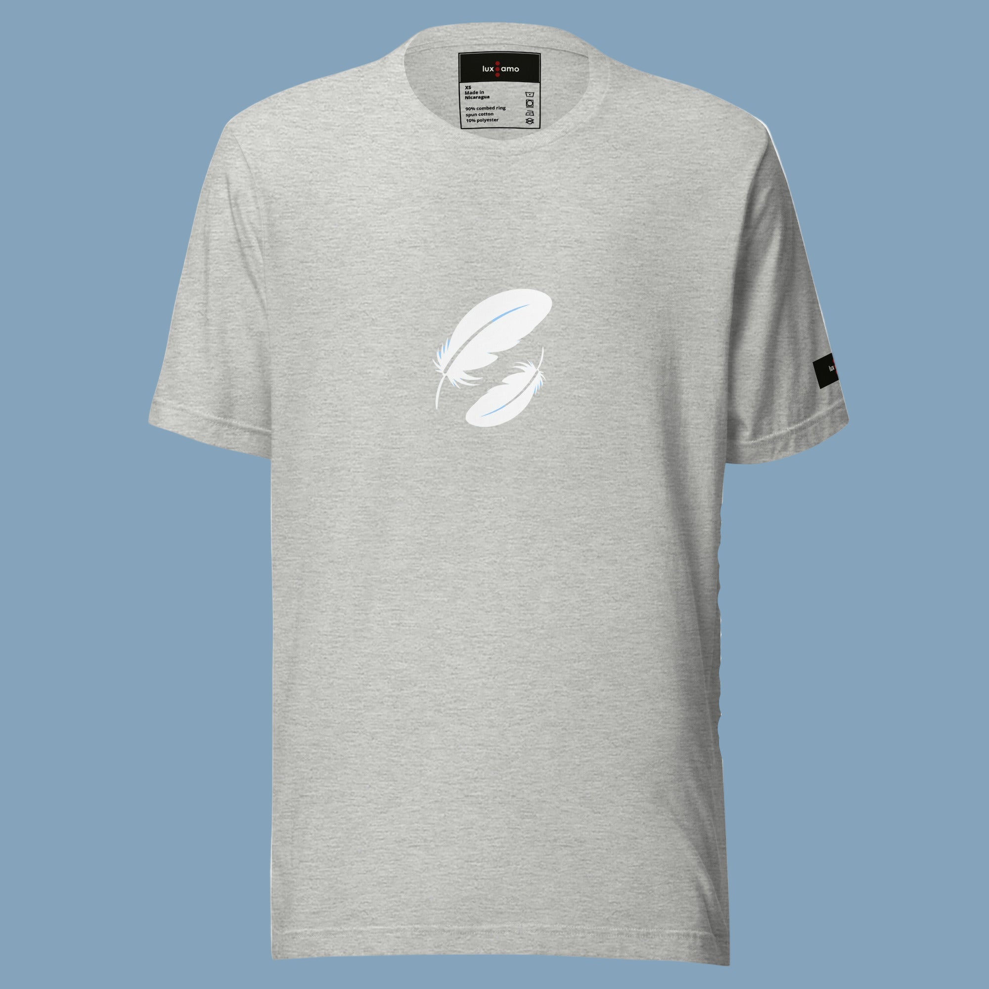Gray t-shirt with a logo on a blue background