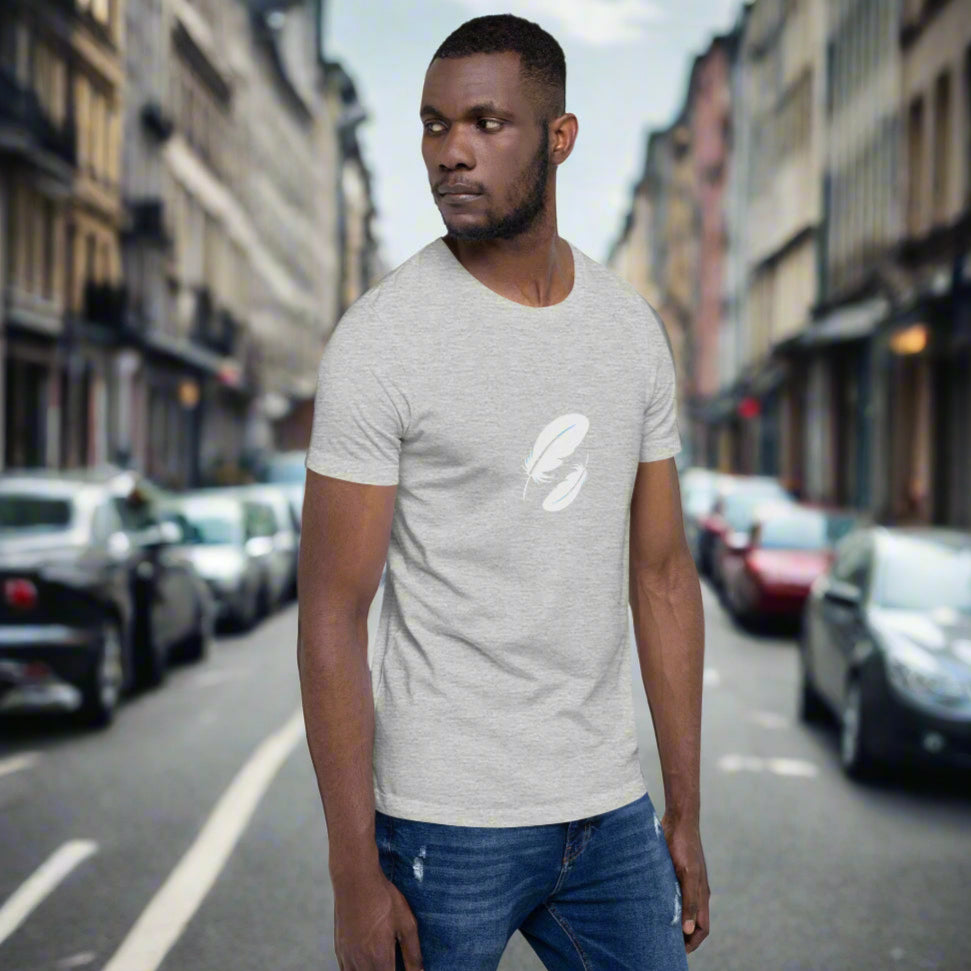 Man wearing a gray t-shirt with a white logo 