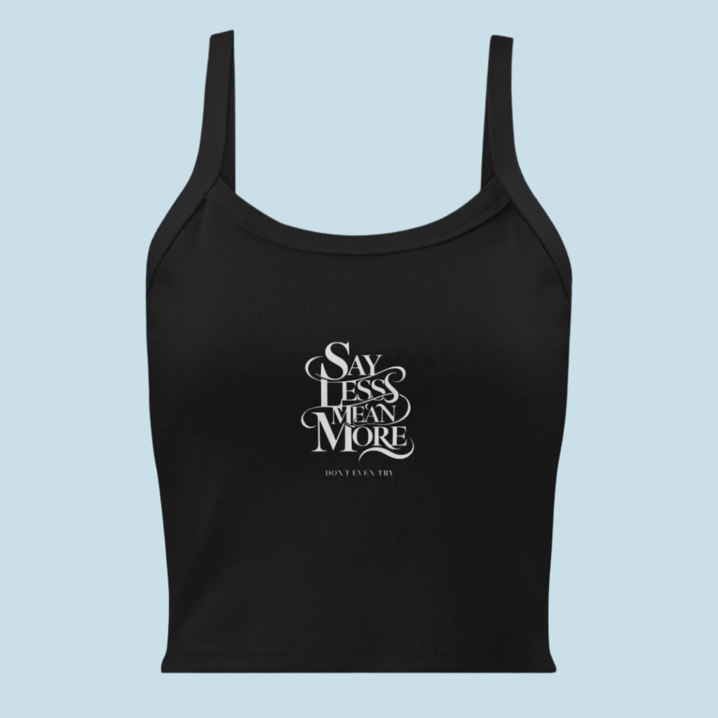 Black tank top with white text on a white background
